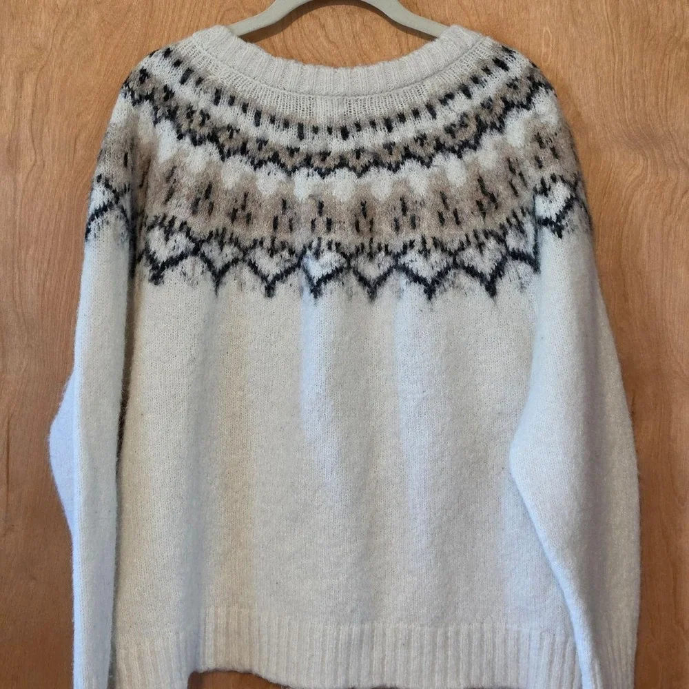 Joie Fair Isle Alpaca Wool Blend Cardigan Cream White XL Nordic Chic Sweater